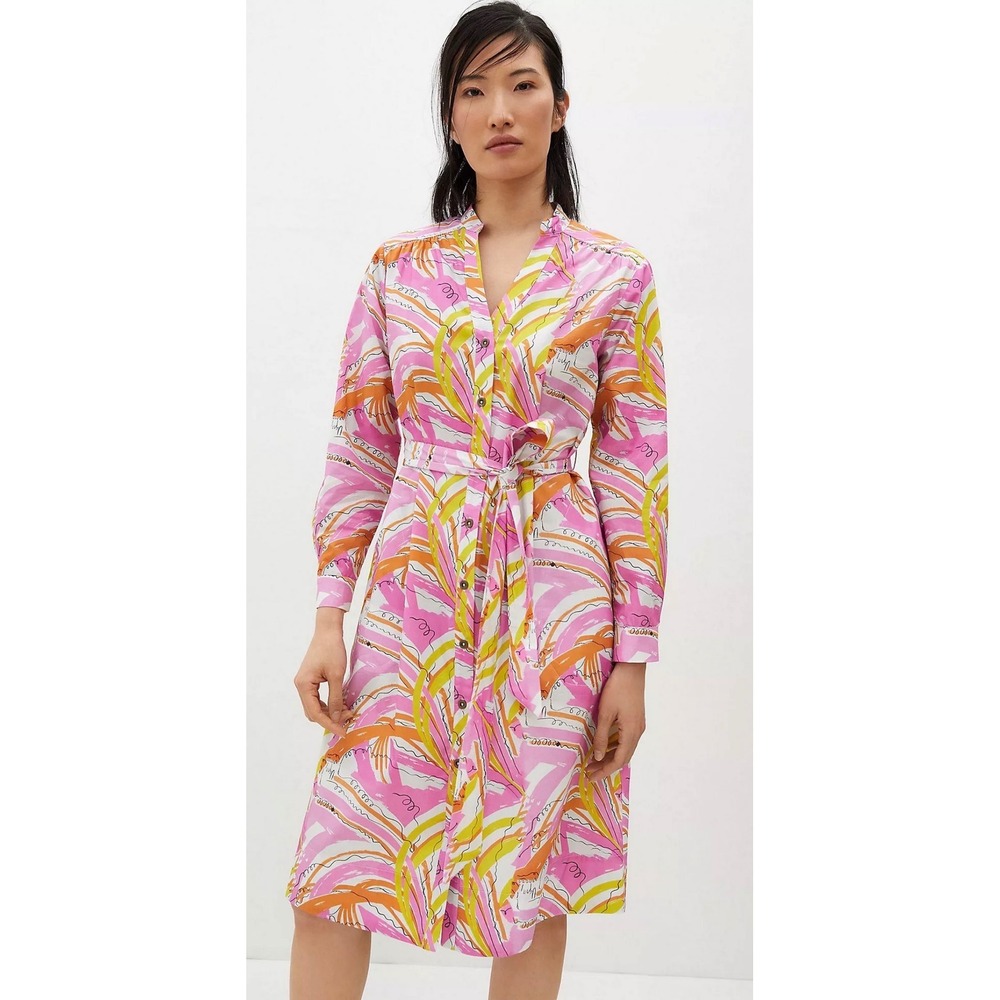 Anthropologie Confetti Midi Dress MEDIUM Pink Abstract Tie Neck Midi Excellent